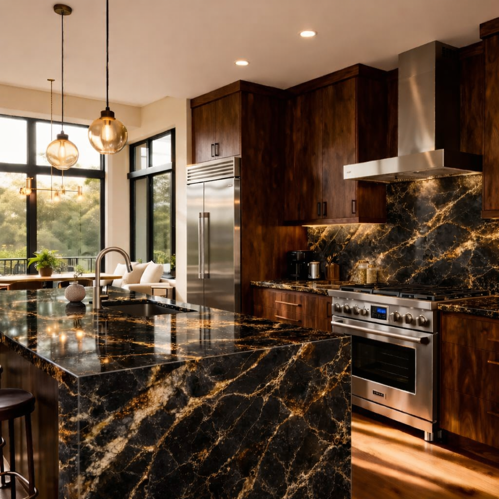 Kitchen after AI countertop swap — black granite countertops